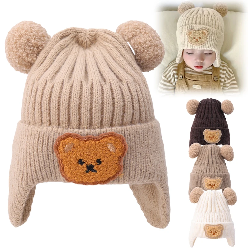 

Детские шапки с защитой ушей, Детская Зимняя Вязаная Шапка-бини, милая вязаная шапка с мультяшным медведем для малышей, шапка с вышивкой для мальчиков и девочек
