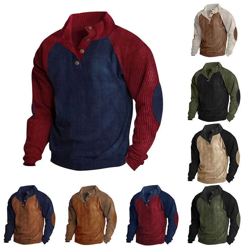 

Autumn and Winter 2023 Casual Men Stand Collar Loose Retro Corduroy Color Matching Fashion Sports Sweater