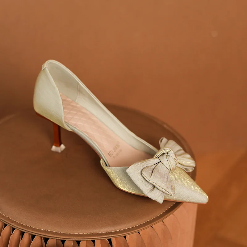 

Туфли-лодочки женские на тонком каблуке 5-8 см, без застежки, однотонные свадебные туфли с бантом-бабочкой, Hw78, весна-осень