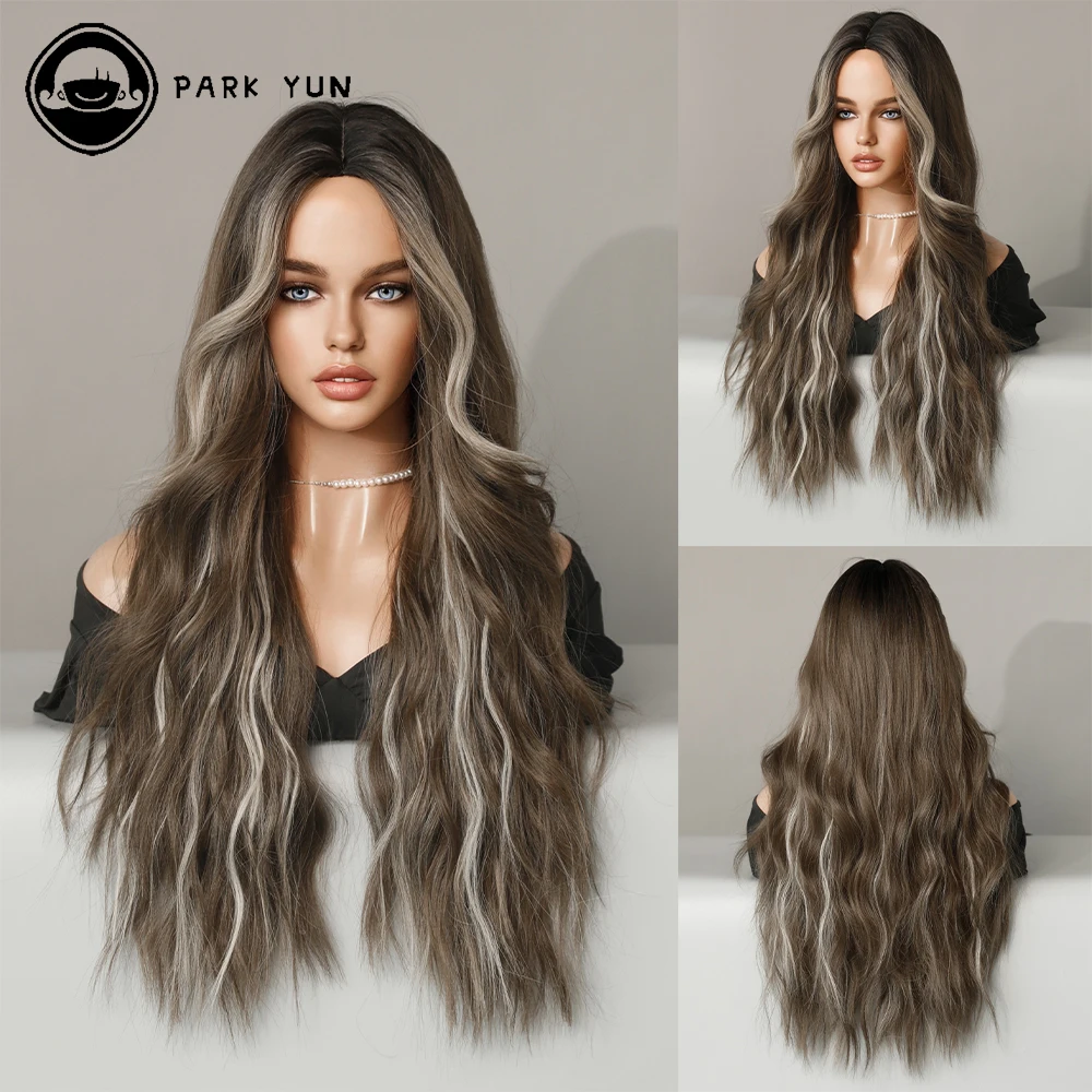 

Long Wavy Wigs for Women Ombre Brown with Beige Mid Parting Synthetic Wigs Daily Use Curly Wig Heat Resistant Fiber