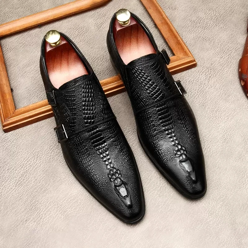 

Double Buckle Men Luxury Dress Shoes Genuine Leather Crocodile Pattern Casual Oxford Shoes Men Wedding Black Formal Loafers Man