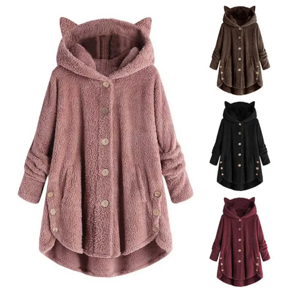 

Hooded Women Irregular Hem Winter Cute Cute Cats Ears Buttons Jacket Fleece Coat