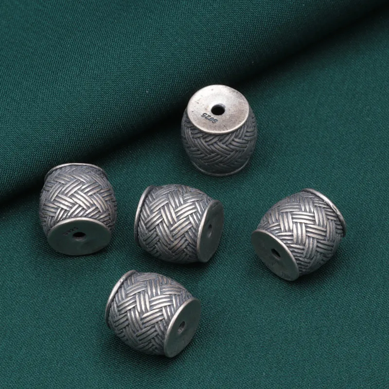 

925 Sterling Silver Woven Drum Barrel Shape Spacer Beads Retro Thai Silver DIY Handmade Beaded Materials for Jewelry Making PZ14