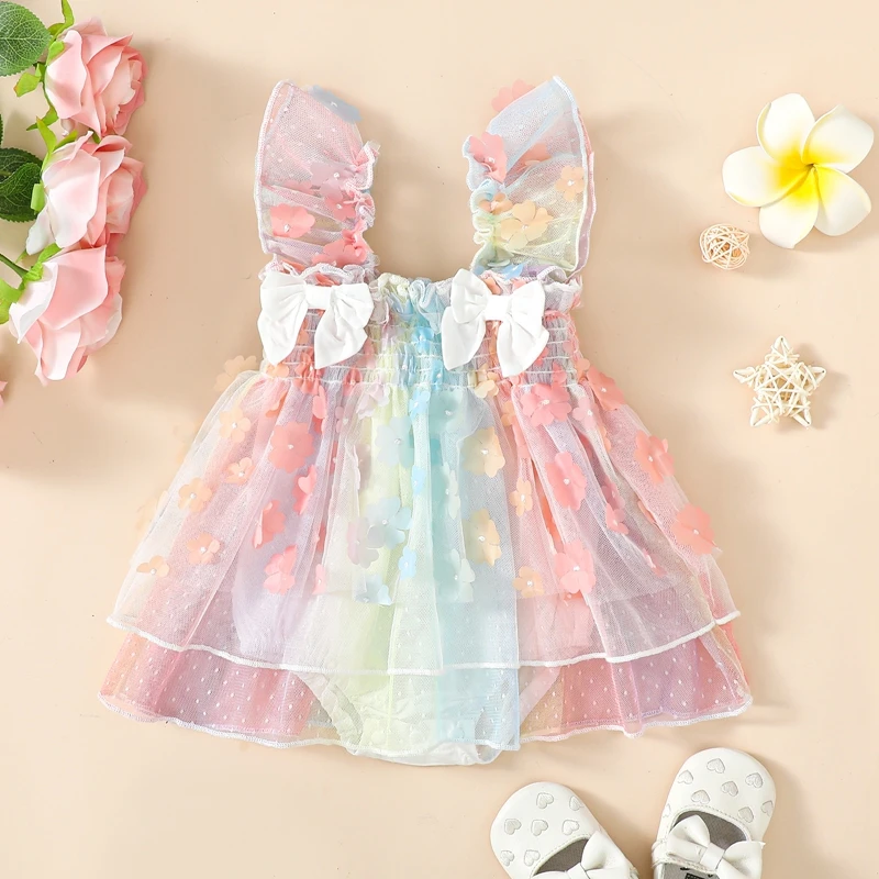 

Платье-комбинезон для новорожденных девочек, цветной цветочный кружевной комбинезон с оборками, фатиновый комбинезон без рукавов, летняя одежда для маленьких девочек