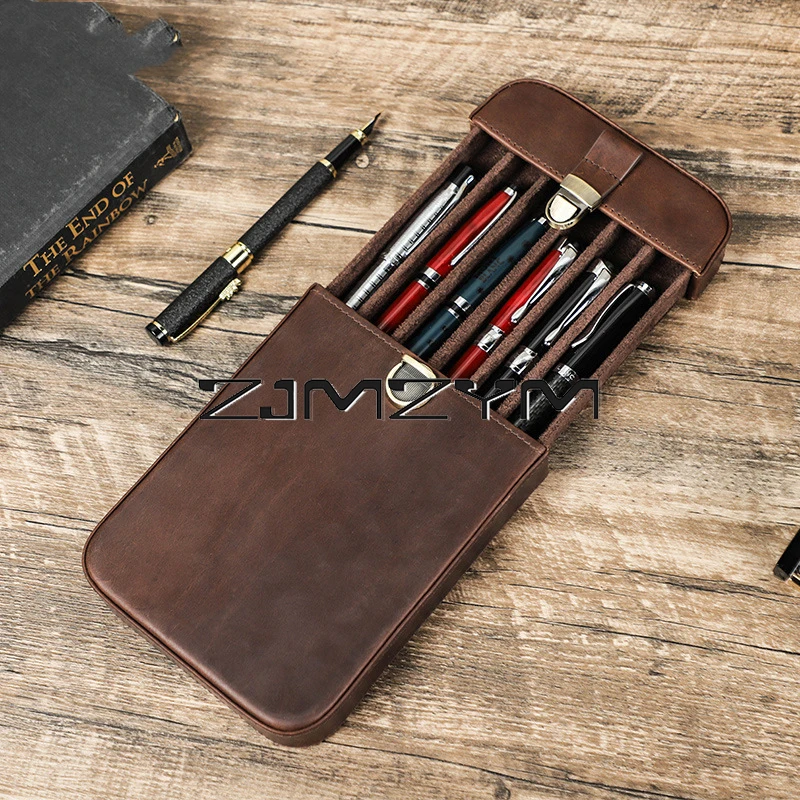 

1PC Genuine Leather 6 Slots Pencil Bag Pen Case for Fountain Pen Display Pouch Brass Buckle Closure Box Office School Stationery