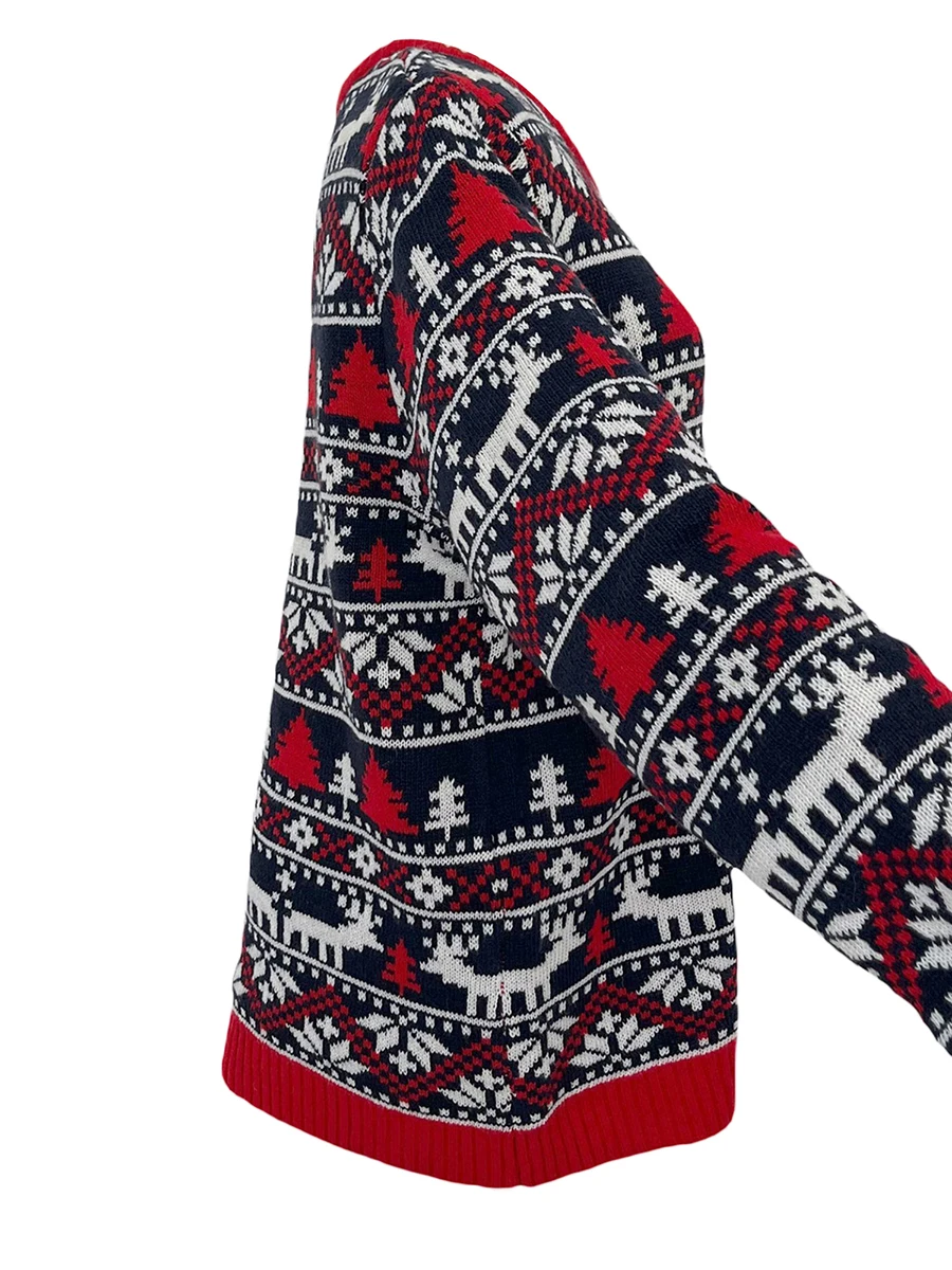 

Women s Festive Snowflake Knitted Sweater with Reindeer Patterns - Cozy Long Sleeve Elk and Tree Printed Pullover Knitwear for