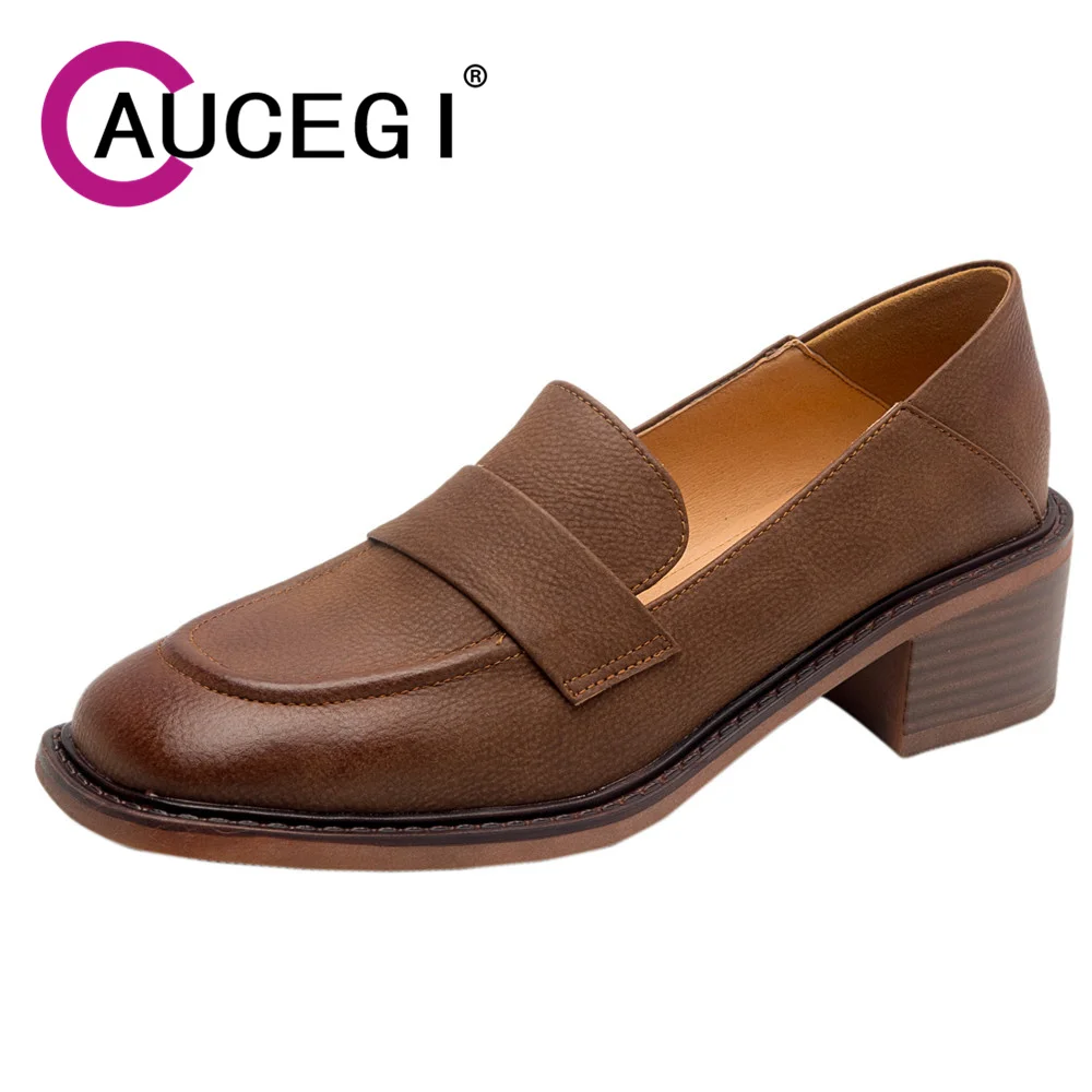 

Aucegi Classic Style Square Toe Loafers Women 2024 Spring Genuine Leather Pumps Slip On Thick Heels Commuter Handmade Shoes