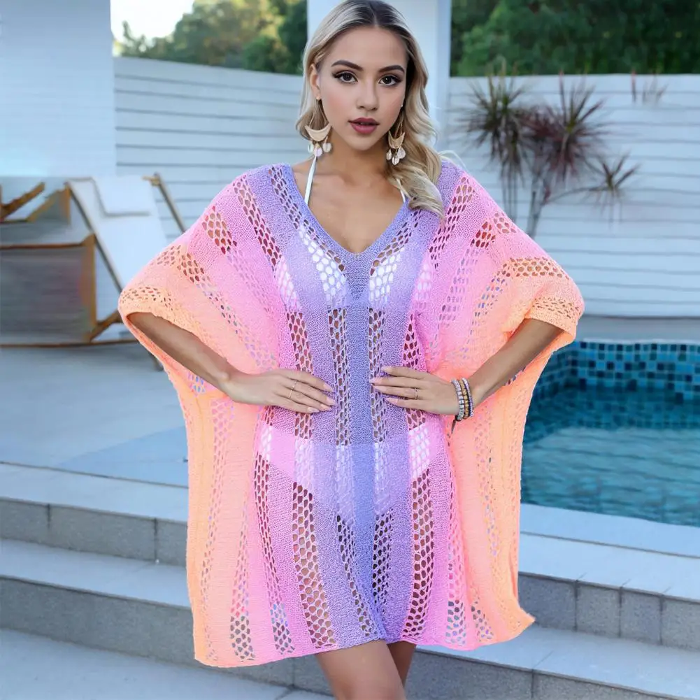 

Women Vacation Cover Up Dress Summer Beach Cover Up Dress Women's Sexy Gradient Knit Bikini Coverup Hollow Out Swimwear Tunic