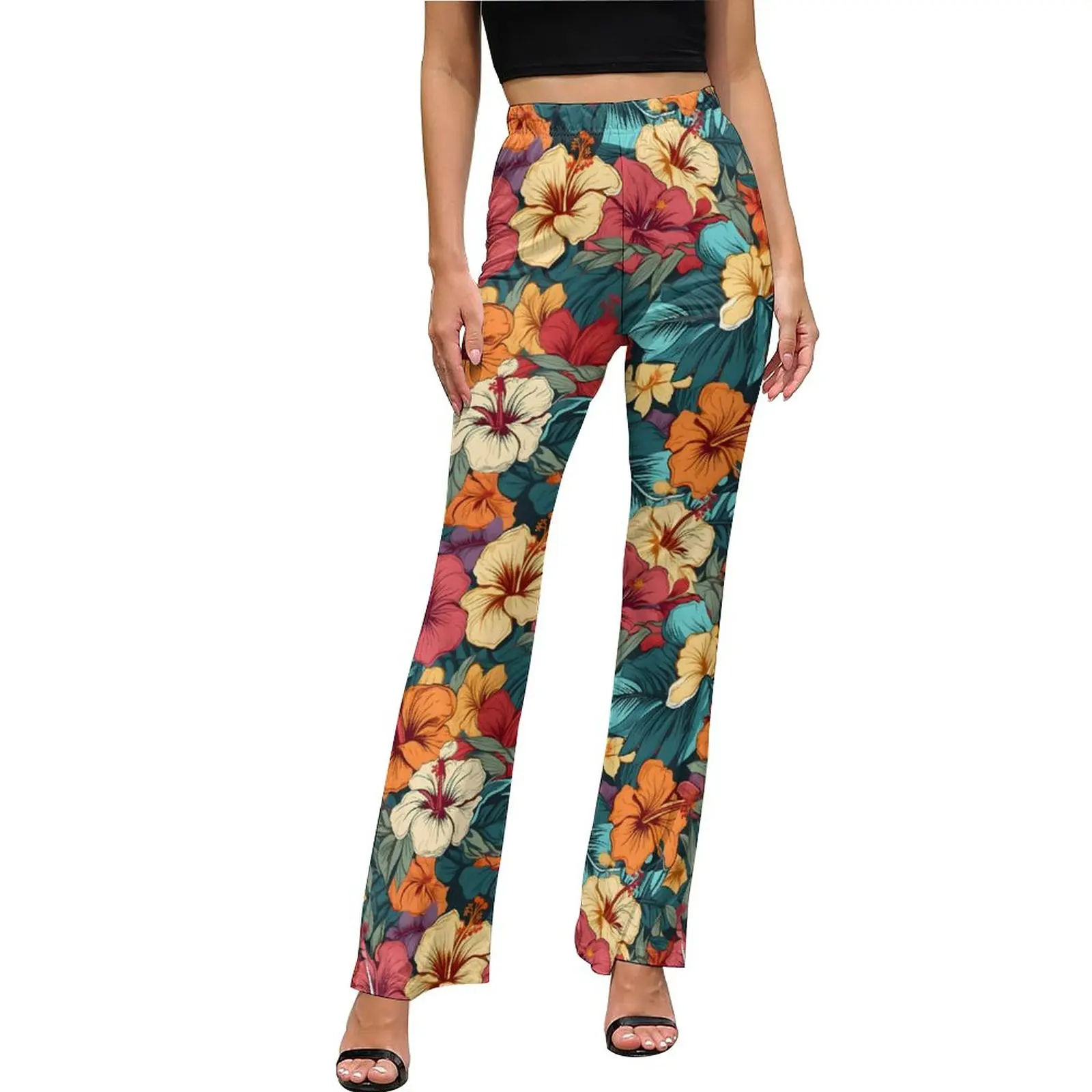 

Tropical Floral Print Pants High Waisted Color Hibiscus Street Wear Flared Pants Summer Night Club Custom Oversize Trousers