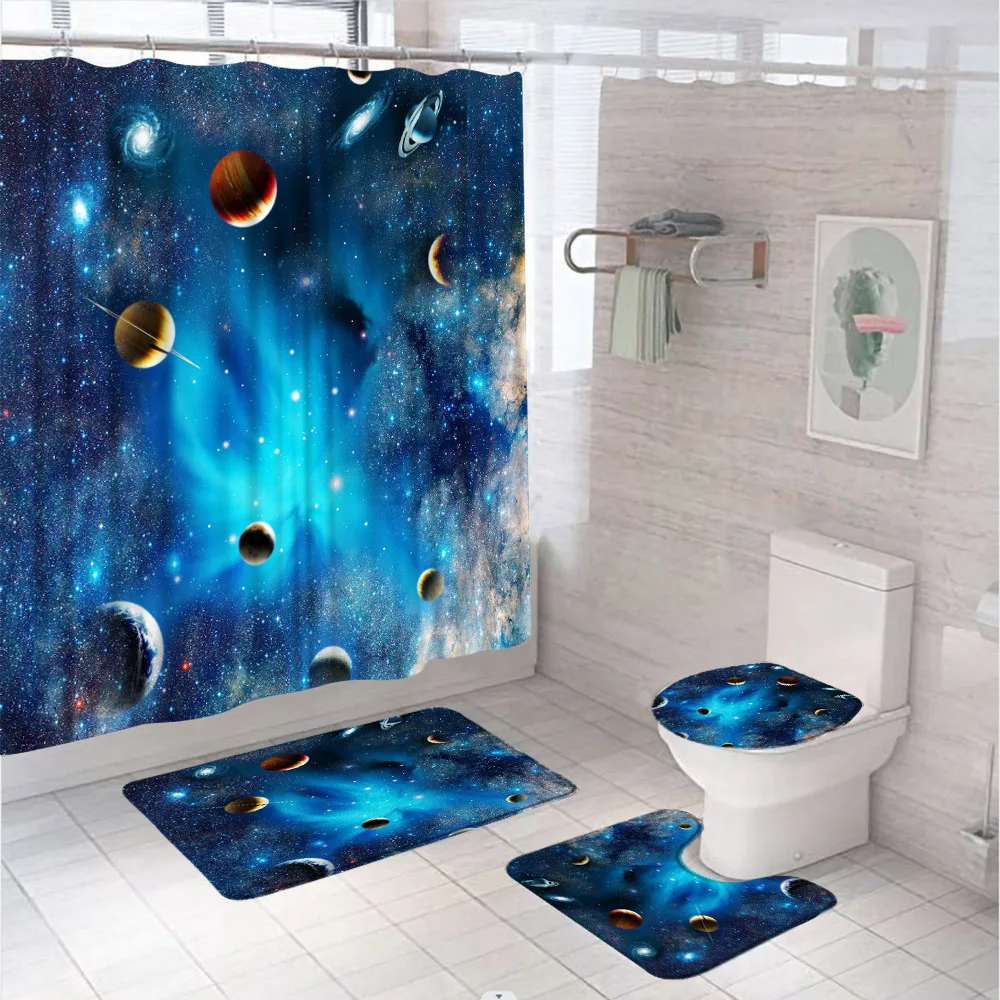 

Outer Space Universe Planet Galaxy Fabric Shower Curtain Set Blue Starry Sky Bathroom Bathtub Curtains Bath Mat Rug Toilet Cover