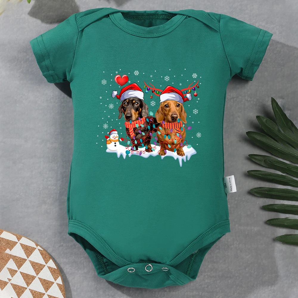 

Merry Christmas Cute Funny Dachshund Print Baby Boy Girl Clothes Cotton Green Onesies Fashion Home Newborn Pajamas Xmas Eve