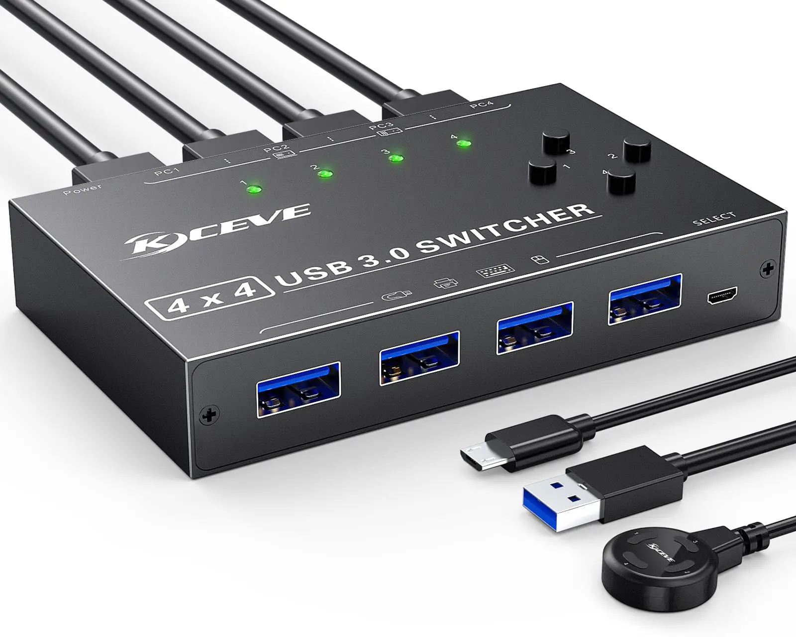 

KCEVE USB 3.0 Switch 4 Computers,4 Port USB Switch Selector Sharing 4 USB Devices,USB Switcher Compatible with Mac/Windows/Linux