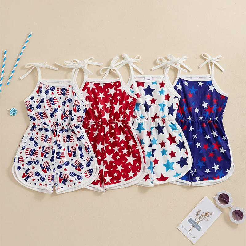 

2024-04-01 lioraitiin 1-5Y Summer Kid Girls Jumpsuit Tie-up Spaghetti Straps Stars Print Romper 4th of July Clothes