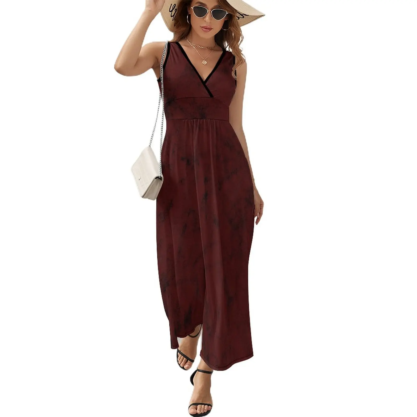 

Burgundy and Black Distressed Sleeveless Dress Female clothing Women's summer skirt Evening dresses