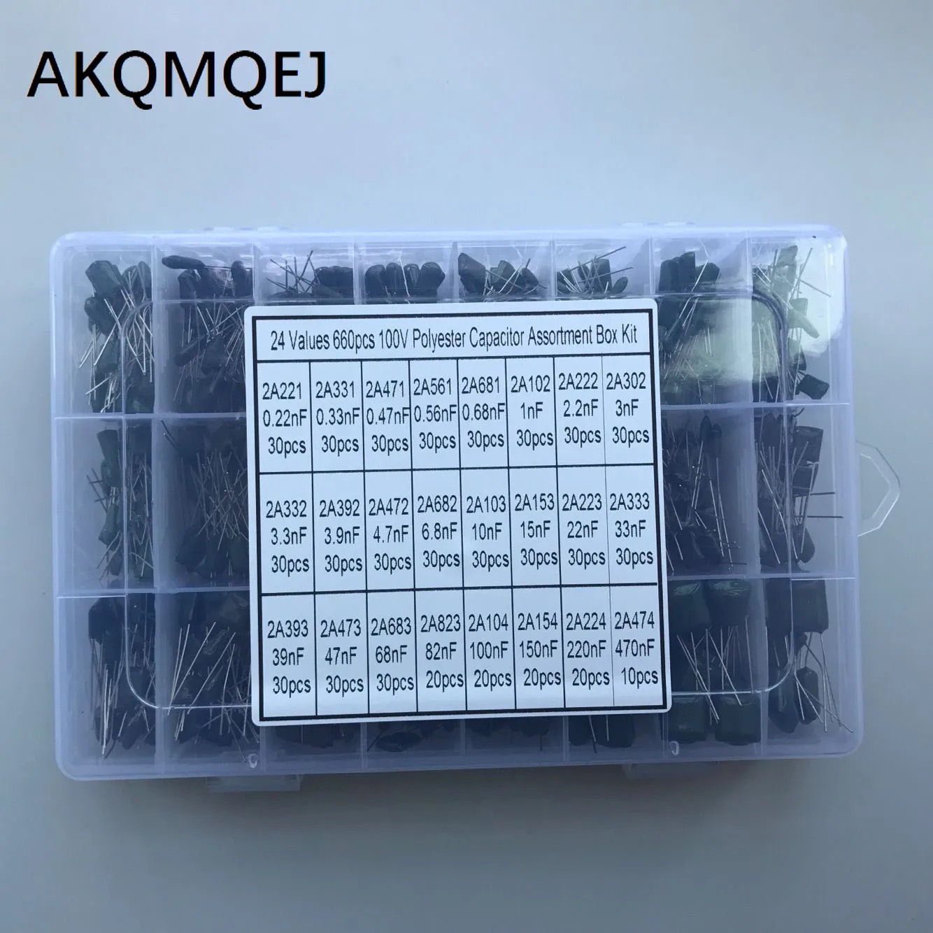 

660pcs/lot 24Value Capacitor kit 100V 2A221J to 2A474J Polyester Film Capacitor Assorted Kit 0.47nF 0.68nF 1nF 2.2nF Capacitors