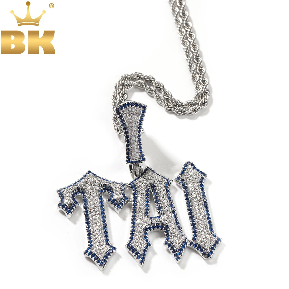

Цепочка с подвеской в виде букв блестящего короля, персонализированное ожерелье с микро-выложенным синим кубическим цирконием и буквами инициала, Ювелирное Украшение в стиле хип-хоп, рэпер