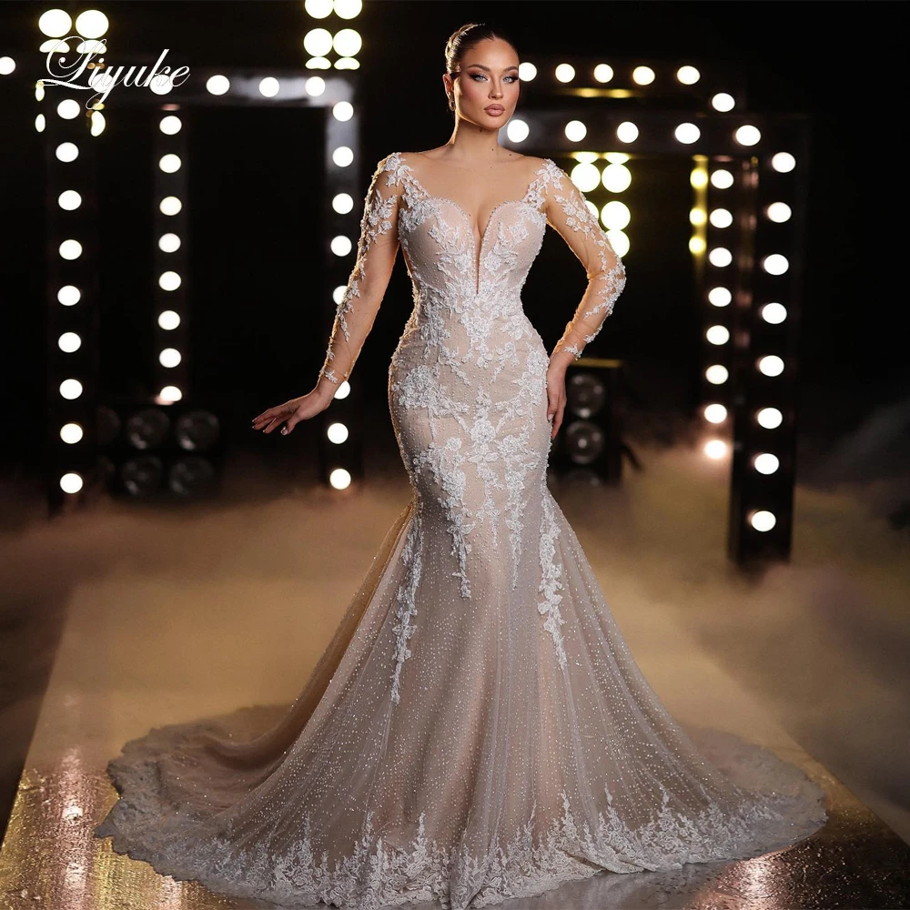 

Liyuke Sparkly Lace Fantastic Mermaid Weddind Dress With Sheer Neck And Sleeves Beading Appliques Trumpet Bridal Gowns