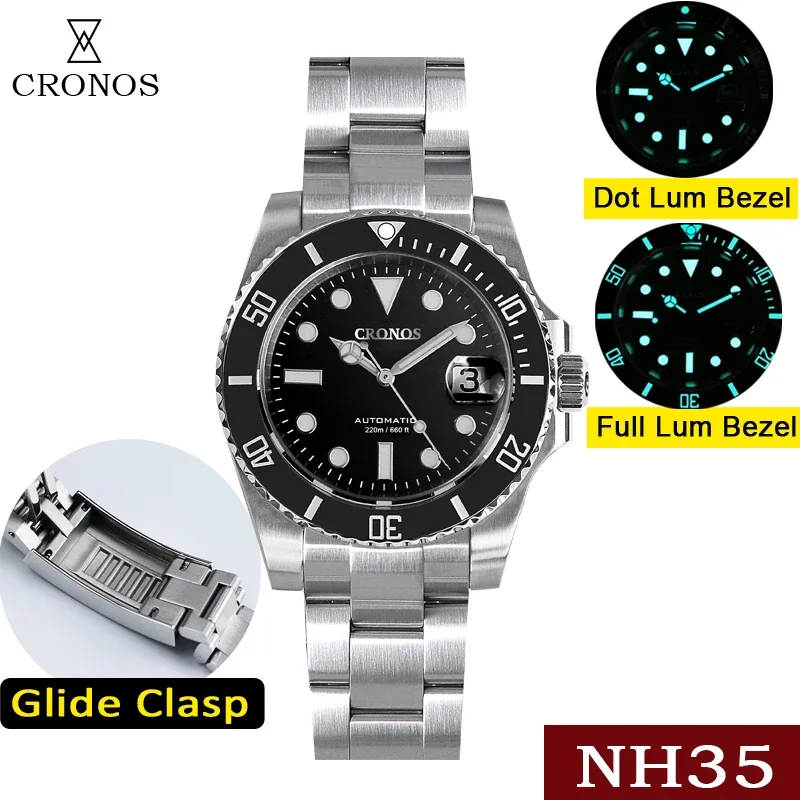 

Cronos Sub Diver Men Watch NH35 Automatic Brushed Bracelet Ceramic Bezel 20ATM Glideclasp Sapphire Cyclops L6015M Luxury Watch