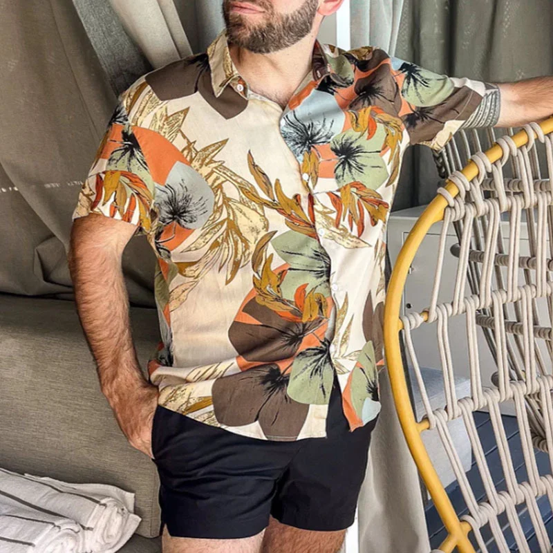 

2024 Summer Casual Shirts Men Short Sleeve Buttoned Turn-down Collar Fashion Shirts Beach Style Vintage Florals Print Mens Shirt