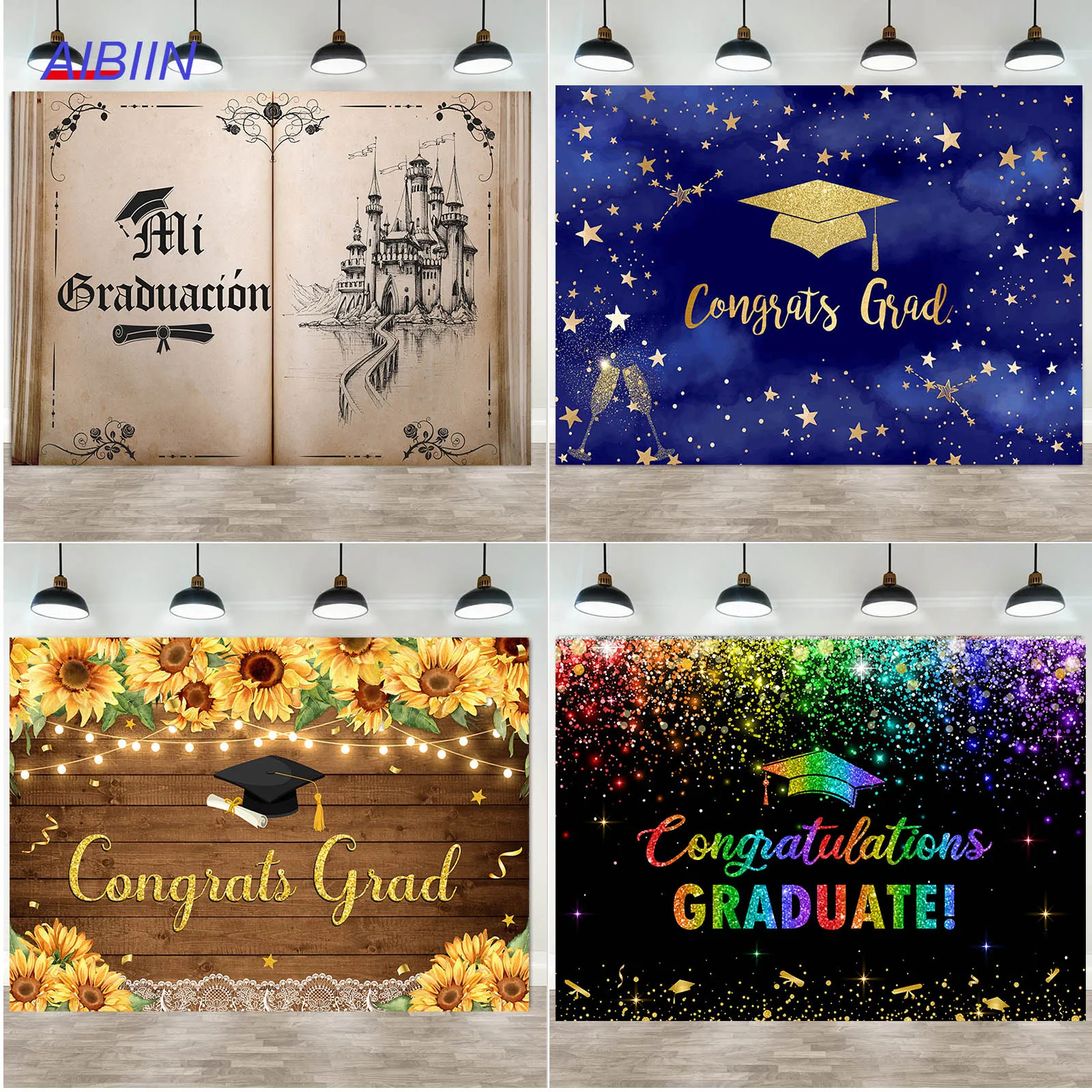 

AIBIIN Congrats Grad Backdrops Sunflowers Wood Board Photography Background for Celebration Prom Party Decor Congratulation