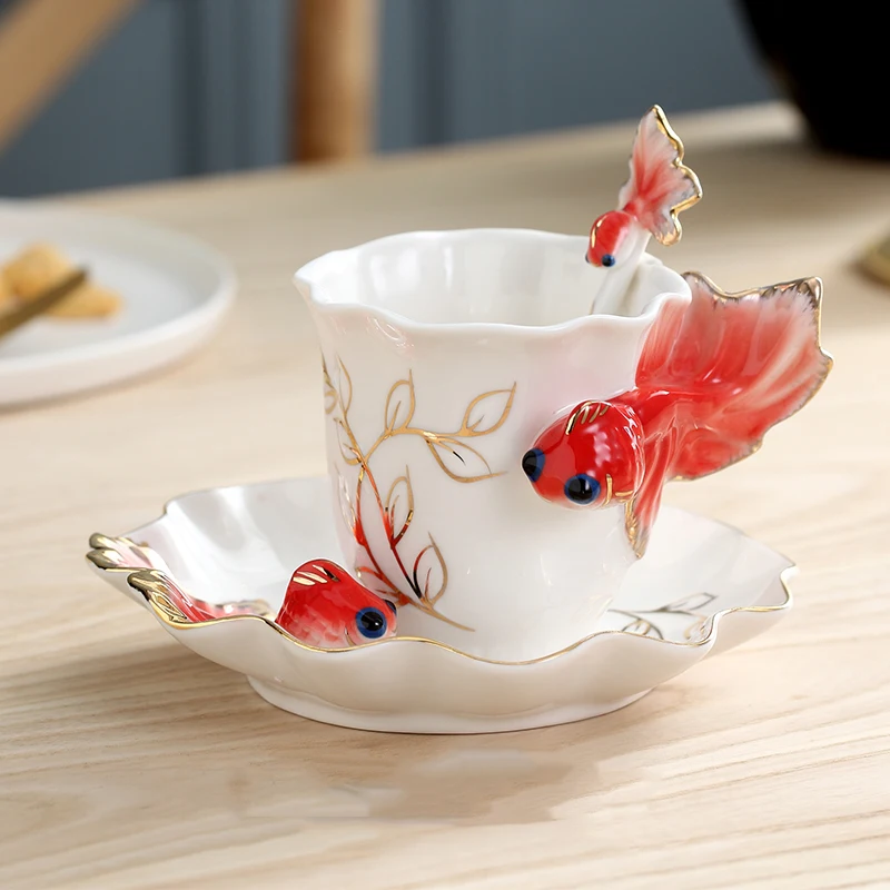 

Luxury Ceramic Goldfish Coffee Cup Saucer Spoon Set Accessories Home Livingroom Ornaments Crafts Table Milk Tea Cup Decoration