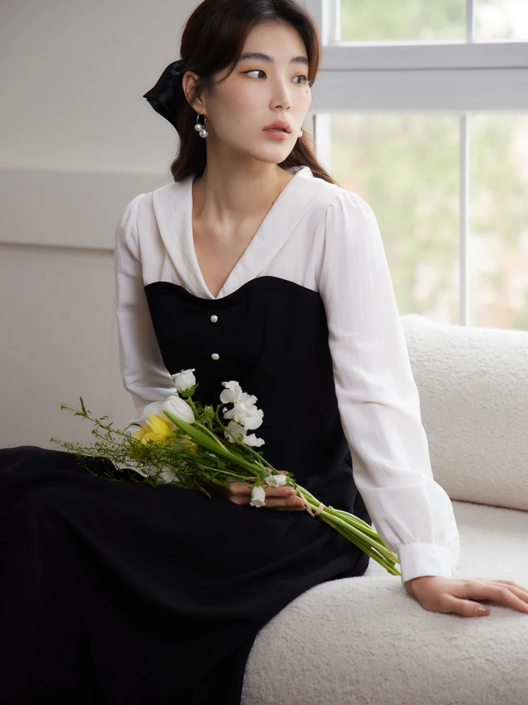 

DUSHU Elegant Sense Hepburn Style Contrast Color Splicing Dress for Women Spring New Design Slimming A-Line Skirt Female