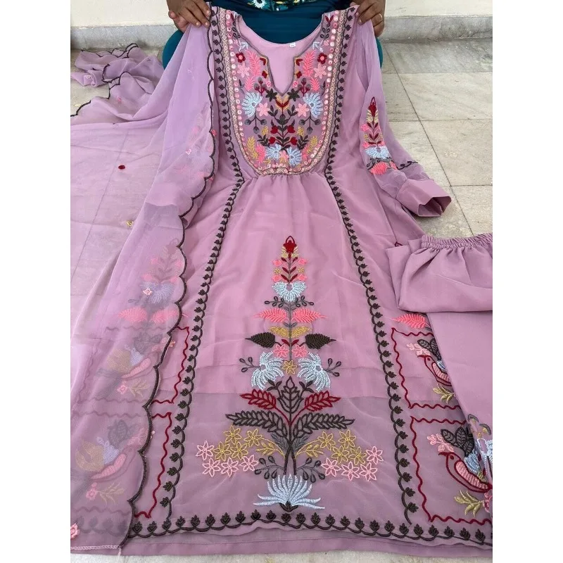 

Fully Readymade Pink Georgette Embroidery Work Straight Kurta Pant Dupatta Dress