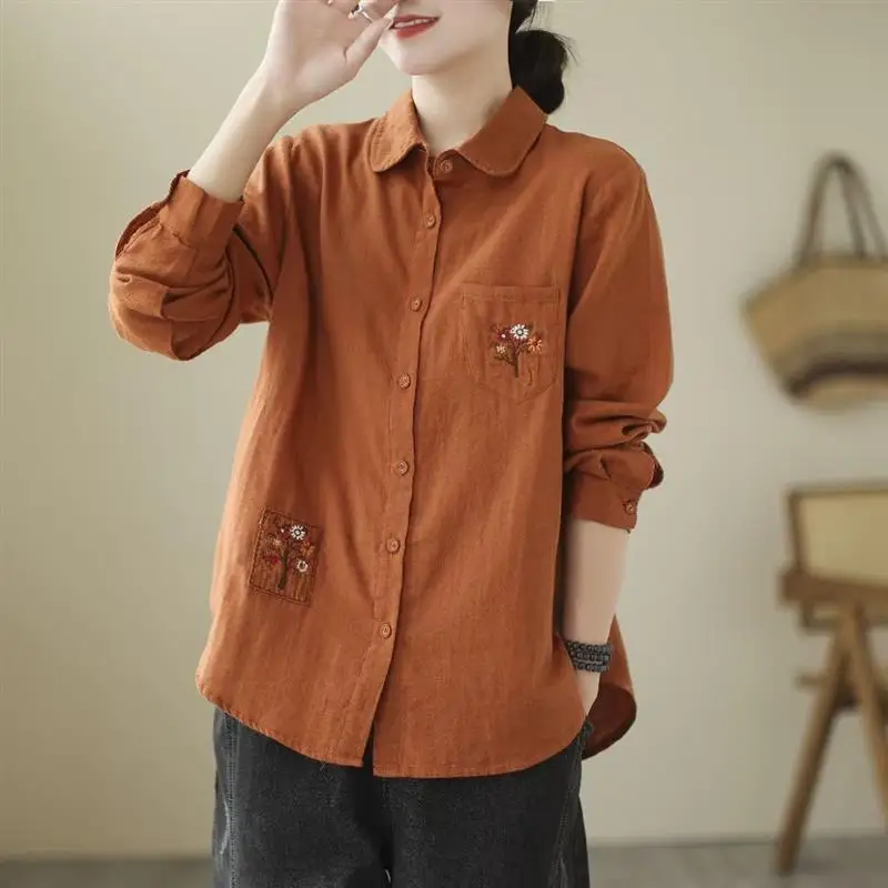 

Women Cotton Linen New Retro Embroidered Shirt Loose Casual Long-sleeved Tops Blouse Camisas