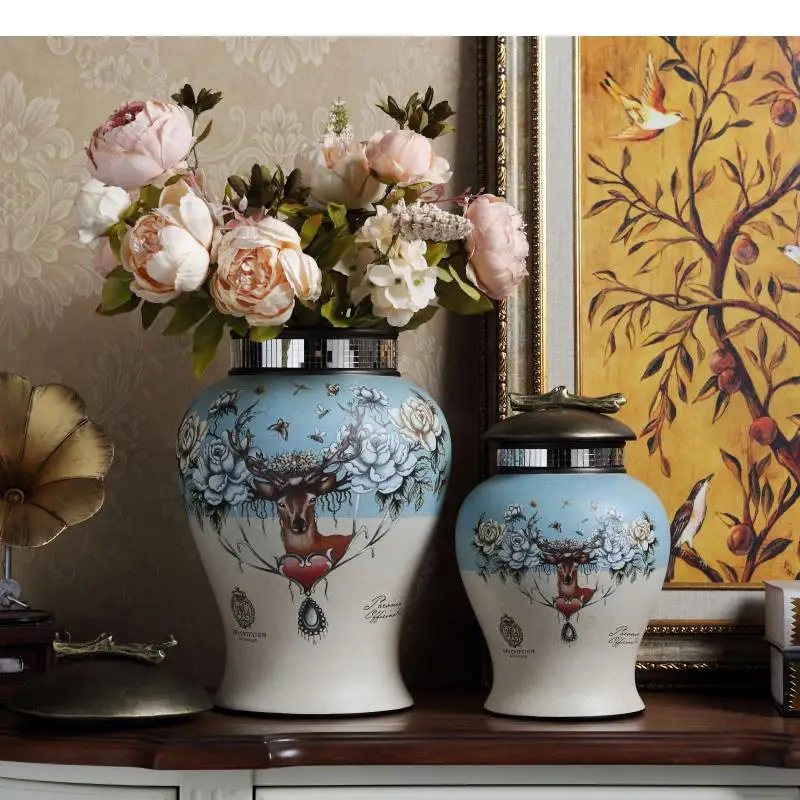 

Sika Deer Painted Decorative Jars with Lids Ceramic Vase Flower Arrangement Desk Decoration Modern Porcelain Tea Caddy Sugar Jar