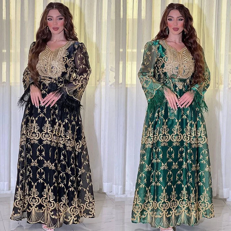 

Arabian Dubai Wome Gold Embroidered Gorgeous Jalabiya Middle Eastern Abaya Muslim Evening Dress Elegant Party Robes