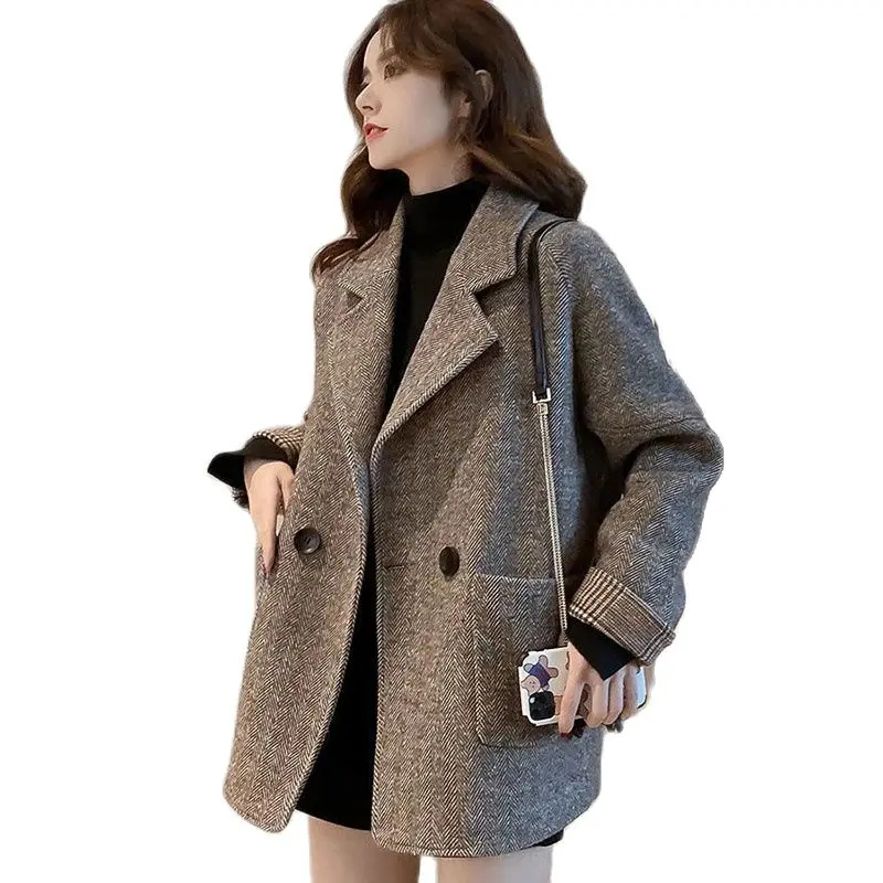 

Новое Женское шерстяное пальто в стиле ретро, осенне-зимние блейзеры, модные двубортные Утепленные Пальто, шерстяные куртки, свободные женские повседневные топы
