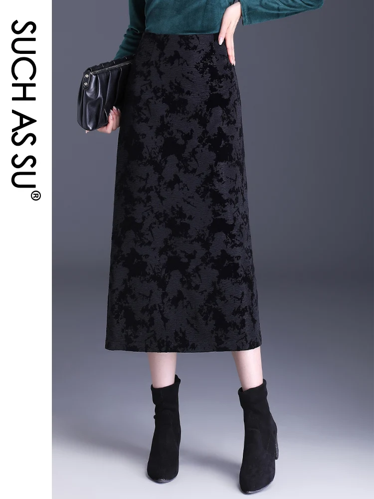 

SUCH AS SU 2023 Autumn Winter Women's Black Coffee Pencil Skirts Jacquard High Waist Wrap S-3XL Mid-Length Occupation Skirt 7329