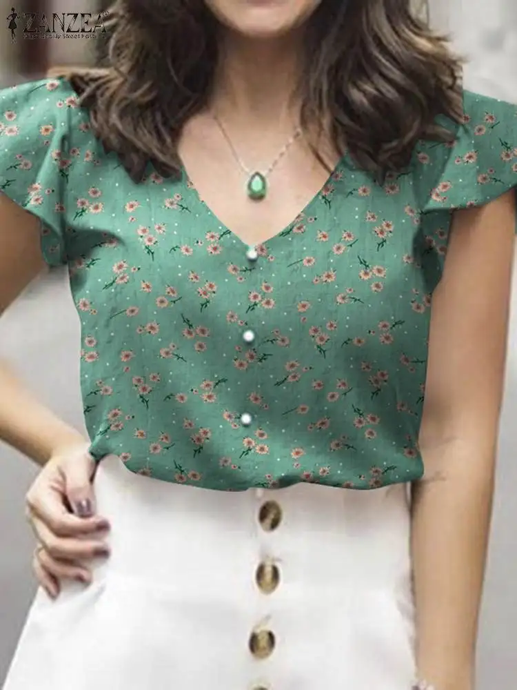 

Летняя модная Праздничная рубашка ZANZEA, богемная блузка с цветочным принтом, туника с коротким рукавом и V-образным вырезом, элегантная женская рубашка оверсайз