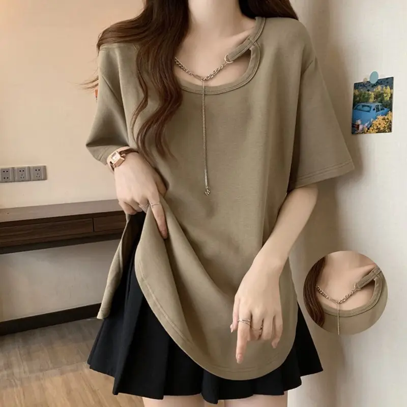 

Fashion O-Neck Spliced Irregular Hollow Out T-Shirts Female Clothing 2024 Summer New Loose Casual Tops Asymmetrical Tee Shirt