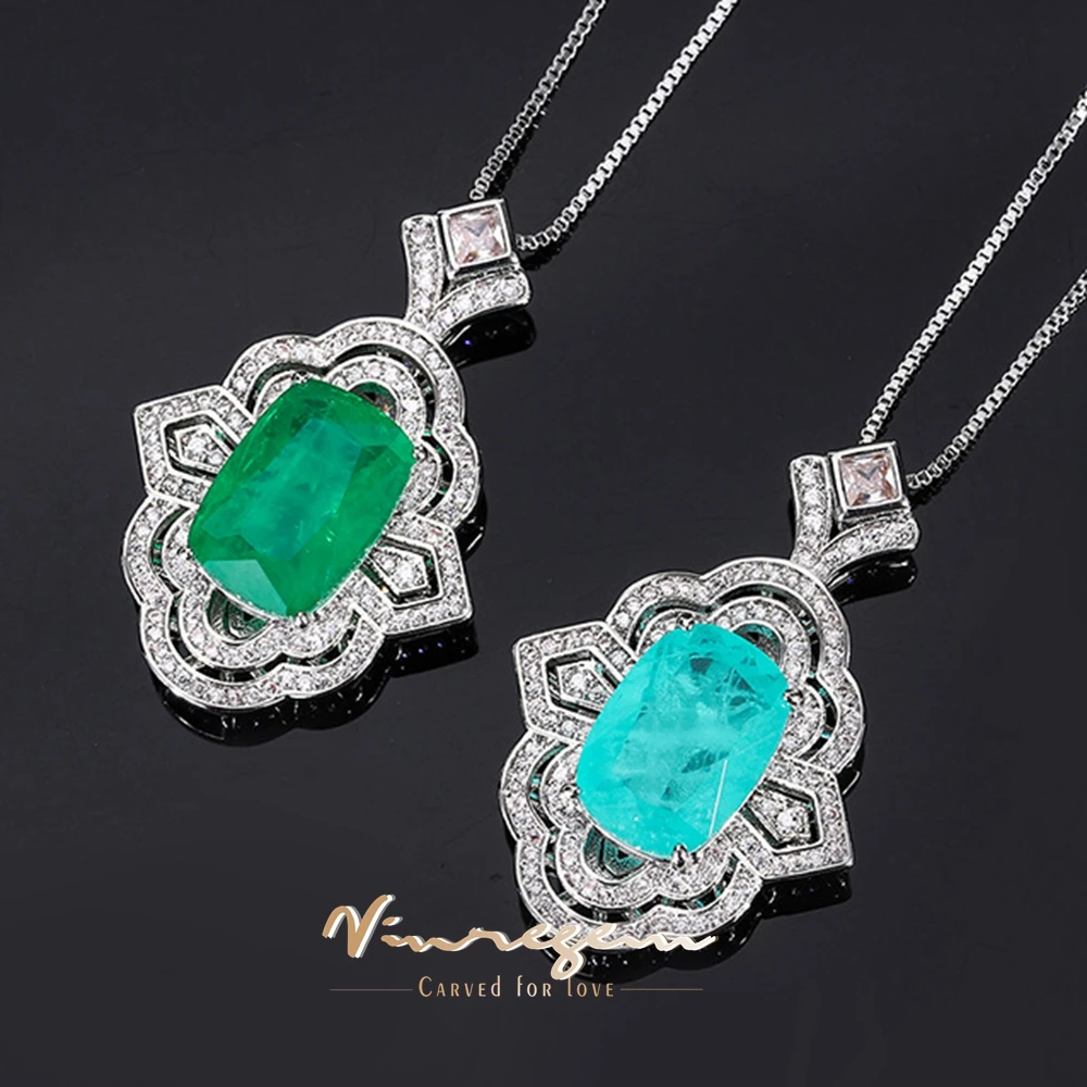 

Vinregem Vintage 10*14MM Pear Lab Created Emerald Paraiba Tourmaline Gemstone Pendant Necklace for Women Gift Jewelry Wholesale