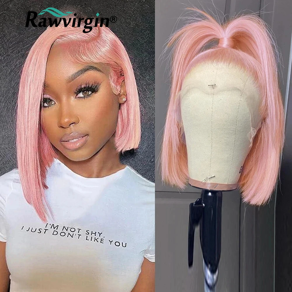

13x4 Light Pink Lace Frontal Women Wig Preplucked 4x4 Closure Short Bob Glueless Wigs Ready to Wear Brazilian Virgin Human Hair