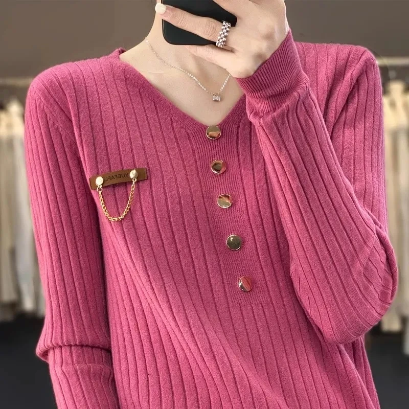 Autumn Winter New Women Pullover Sweater Female V-neck Five Grain Buckle Loose Fit Knitwear Long Sleeved Knitwear Pullovers Knit
Autumn Winter New Women Pullover Sweater Female V-neck Five Grain Buckle Loose Fit Knitwear Long Sleeved Knitwear Pullovers Knit