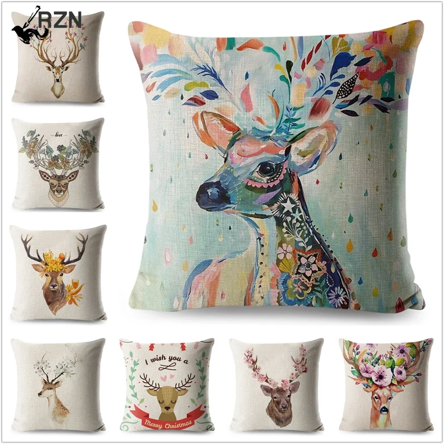 

Watercolor Deer Pillowcase Animals Linen 45*45 cm Square Decorative Cushion Cover for Sofa Seat Pillow Case Yellow Pillowcovers