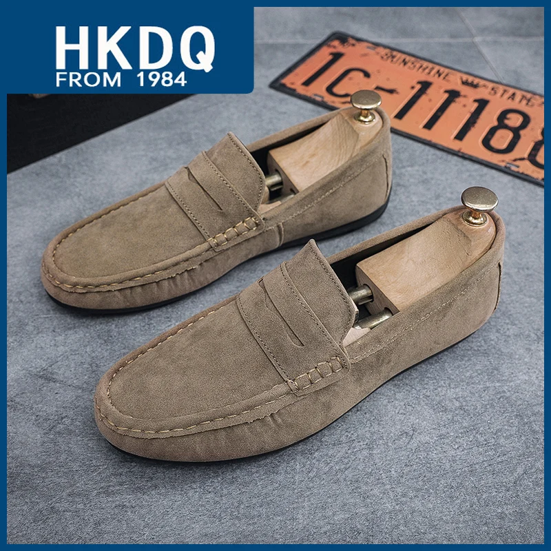 

HKDQ Khaki Suede Soft Moccasins For Men Fashion Non-slip Flat Men's Driving Shoes Comfortable Slip-on Male Casual Loafers Shoes