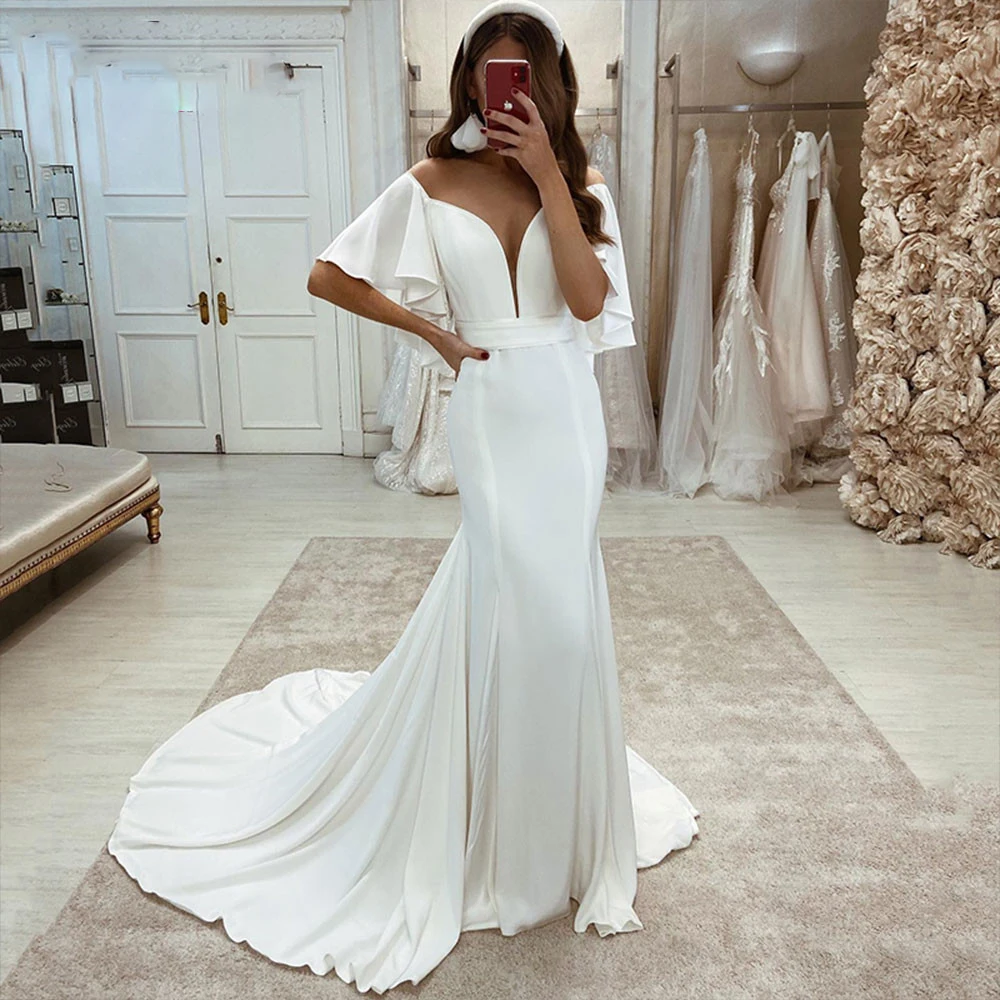 Chiffon Off Shoulder Wedding Dresses Short Flare Sleeves Bodycon Beach Bridal Gowns Customize Made Low-Cut V-Neck For Women
Chiffon Off Shoulder Wedding Dresses Short Flare Sleeves Bodycon Beach Bridal Gowns Customize Made Low-Cut V-Neck For Women