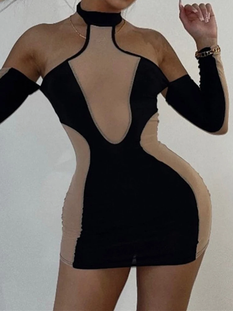 

Women's Streetwear Off-Shoulder Contrast Fitted Dresses Hanging Neck Sheer Mesh Patchwork High-waist Bandage Mini Sundress Black