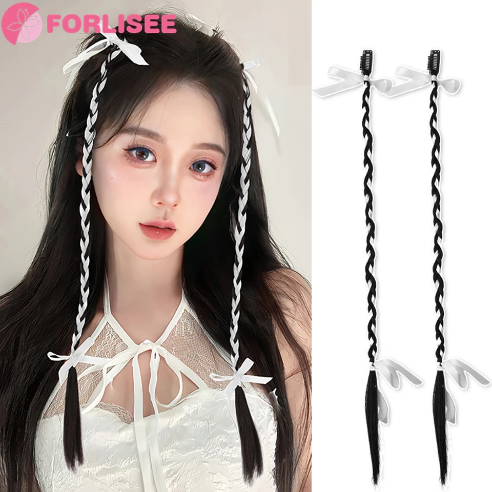 

FORLISEE Wig Braid Female Ponytail Ribbon Tied Hair Sweet Cool Ballet Boxing Fried Dough Twists Braid Bow Pigtail