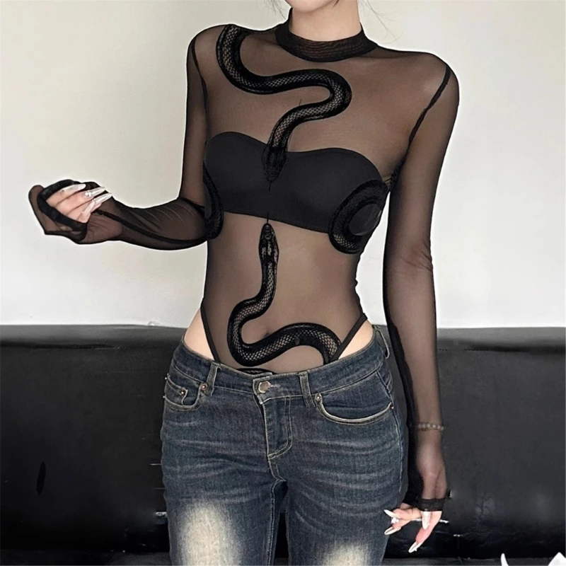 Women Sexy Black Snake Print Sheer Mesh Bodysuit Long Sleeve Gothic Clubwear OUT1070 Women Sexy Black Snake Print Sheer Mesh Bodysuit Long Sleeve Gothic Clubwear OUT1070