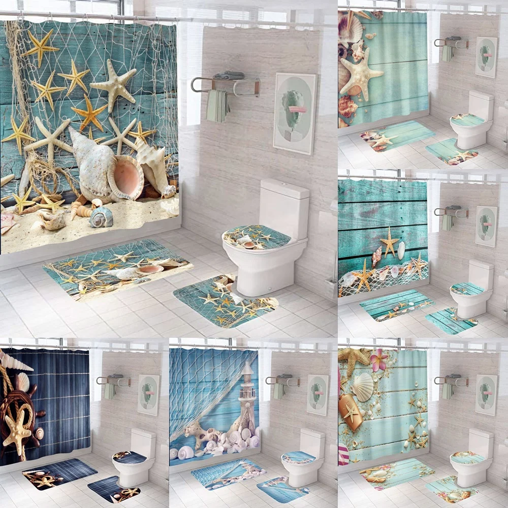 

Seashell Starfish Shower Curtain Set Nautical Fishnet Vintage Blue Deck Beach Bathroom Decor Curtains Bath Mats Rug Toilet Cover