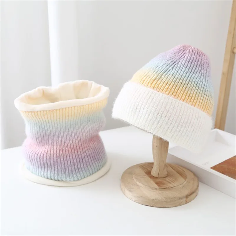 

Rainbow Pile Knitted Beanies Hats Women Tie Dye Beanie Skullies Wool Cap Female Warm Bonnet Beanies Caps Outdoor Riding Sets