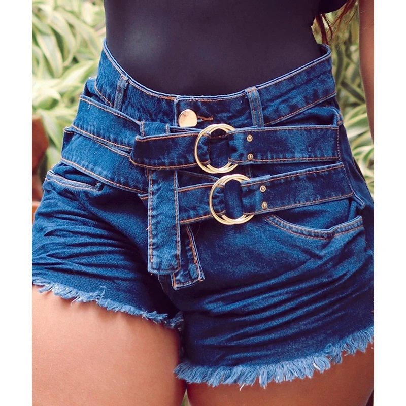 

Spring Summer Jeans Shorts Pants O-Ring Buckle Detail Raw Hem Denim Shorts Women Fashion Casual Solid Color