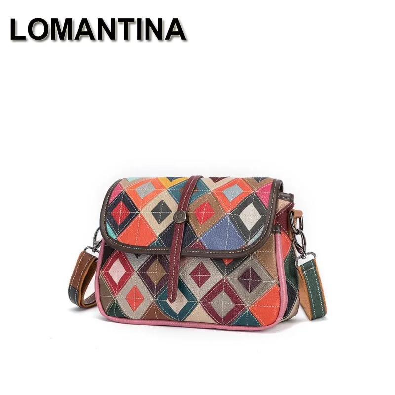 

LOMANTINA Genuine Leather Diamonds Patchwork Side Sling Bag Multi Pockets Fashion Medium Size Cow Leather Pouch Cross-body Bags