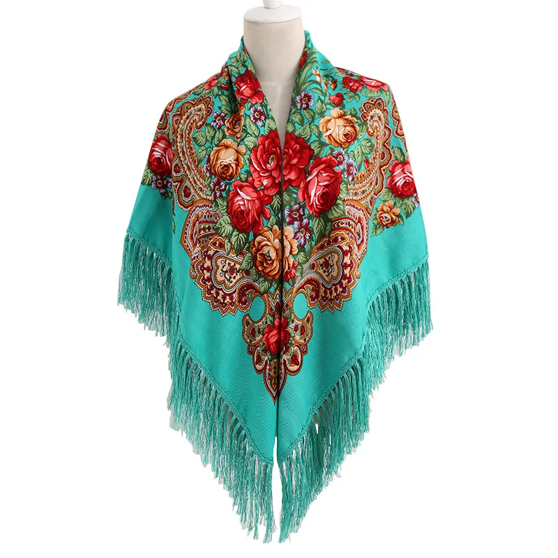

Russian Cloak Large Flower Printed Generous Scarf Women's Shawl Warm Autumn Winter multi-function Scarf Ponchos Capes Green