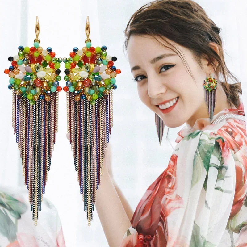 

S925 Exaggerated Handmade Flower Crystal Beaded Long Tassel Earrings Elegant Accessories for Women Christmas Birthday Gift
