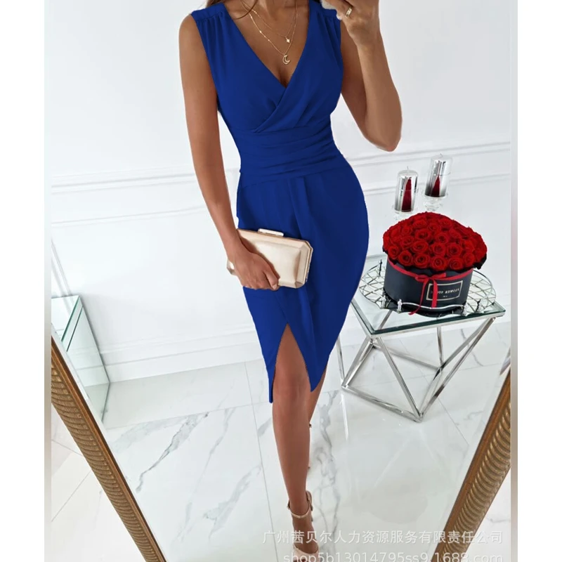 Women's Dress Sexy Slim High Waist Pleated Split Dress Women's Fashion Sleeveless V-neck Irregular Dress
Women's Dress Sexy Slim High Waist Pleated Split Dress Women's Fashion Sleeveless V-neck Irregular Dress